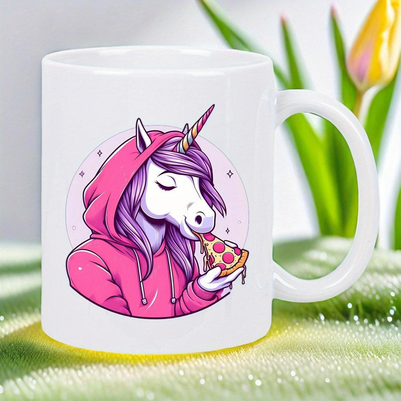 Tailorly White Ceramic 11 oz Mug - Cartoon Unicorn Wearing Pink Hoodie Eating Delicious Pepperoni Pizza Slice Unicorn