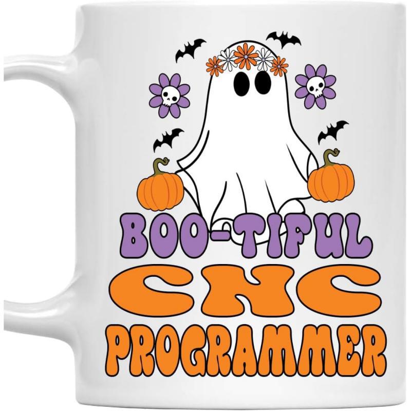 Tailorly White Ceramic 11 oz Mug - Bootiful Cnc Programmer Adorable Floral Crown Ghost Holding Two Pumpkins Under Small Flying Bats Ghost