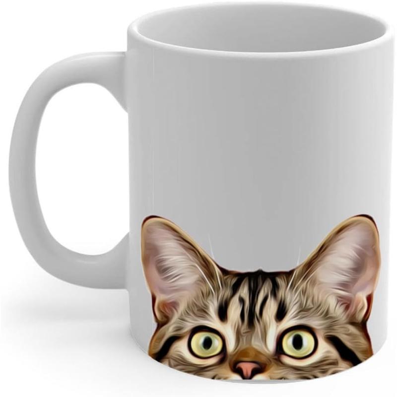 Tailorly White Ceramic 11 oz Mug - Adorable Tabby Cat Peeking With Large Curious Eyes And Pointed Ears Cat