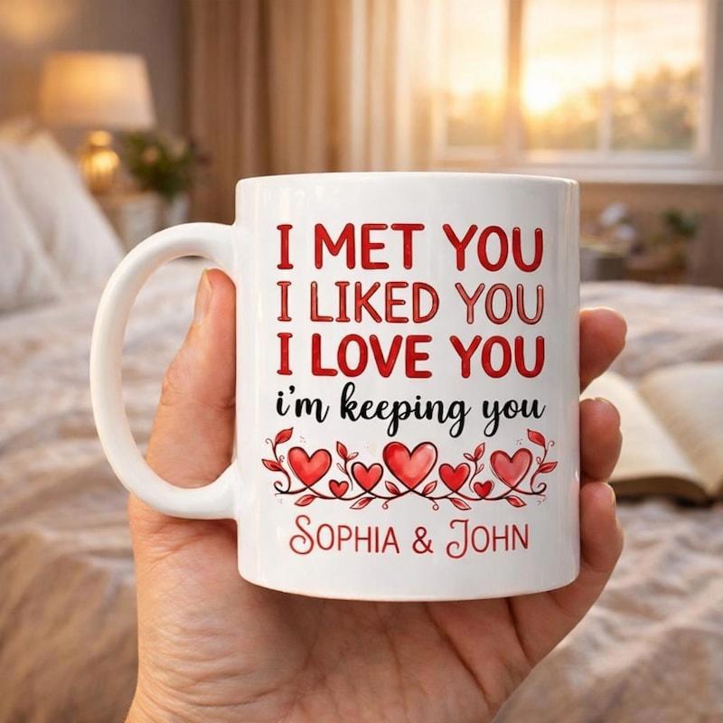 Tailorly White Ceramic 11 oz Mug - I Met You I Liked You I Love You Im Keeping You Sophia John Row Of Delicate Red Hearts Nestled Within Elegant Leafy Decorative