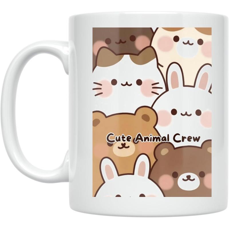 Tailorly White Ceramic 11 oz Mug - Cute Animal Crew Sweet Adorable Cartoon Faces Including Bears Rabbits And Cats Together Animals