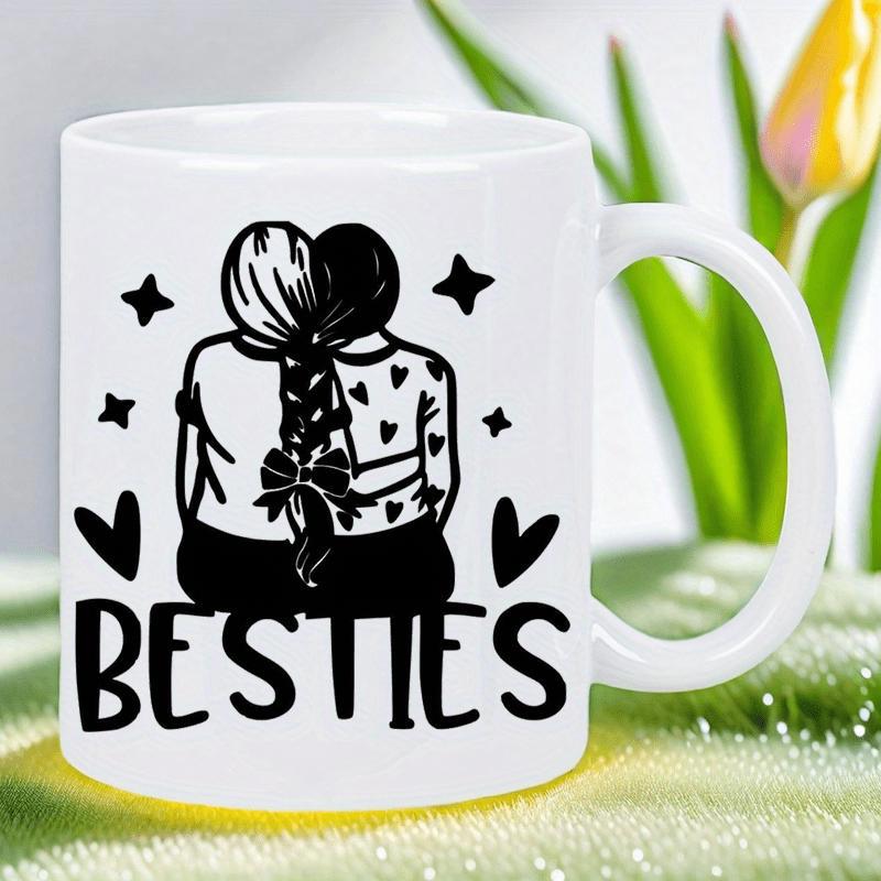 Tailorly White Ceramic 11 oz Mug - Besties Two Girls Sitting Together Surrounded By Tiny Stars And Hearts Silhouette
