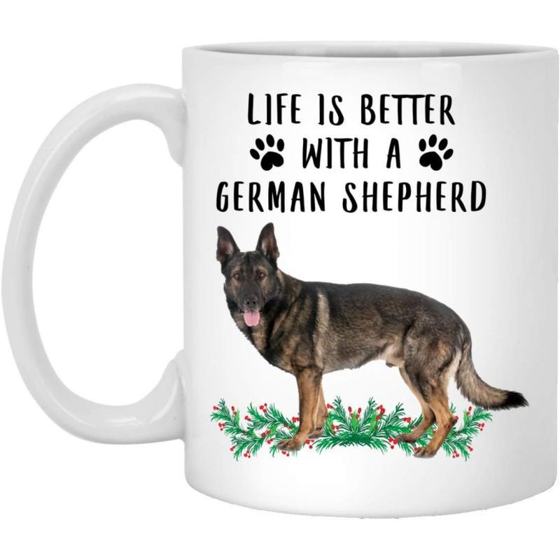 Tailorly White Ceramic 11 oz Mug - Life Is Better With A German Shepherd Realistic Loyal Dog Standing Proudly Over Green Festive Floral Garland German Shepherd