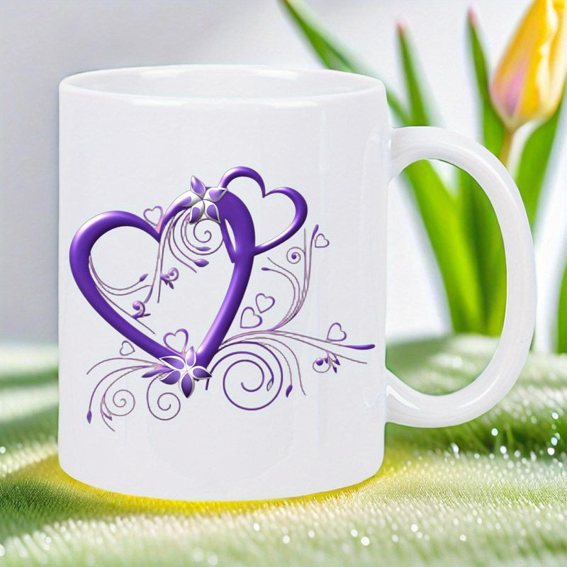 Tailorly White Ceramic 11 oz Mug - Elegant Purple Swirls Intertwined With Delicate Floral Vines And Decorative Heart