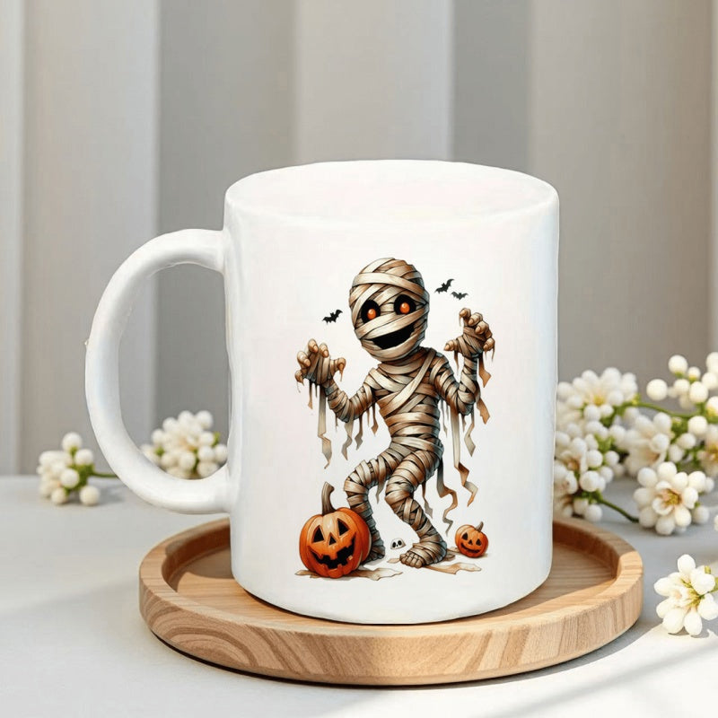 Tailorly White Ceramic 11 oz Mug - Spooky Character Wrapped In Bandages Dancing Among Festive Halloween Pumpkins Mummy