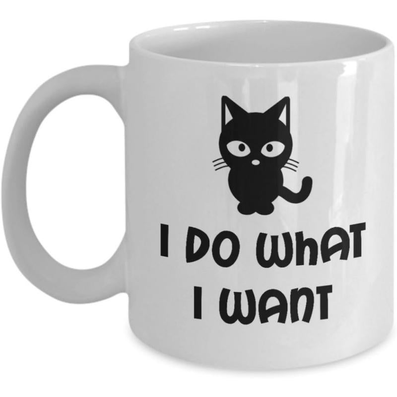 Tailorly White Ceramic 11 oz Mug - I Do What I Want Minimalist Black Cartoon Feline Sitting With Sassy Attitude And Bold Expression Cat