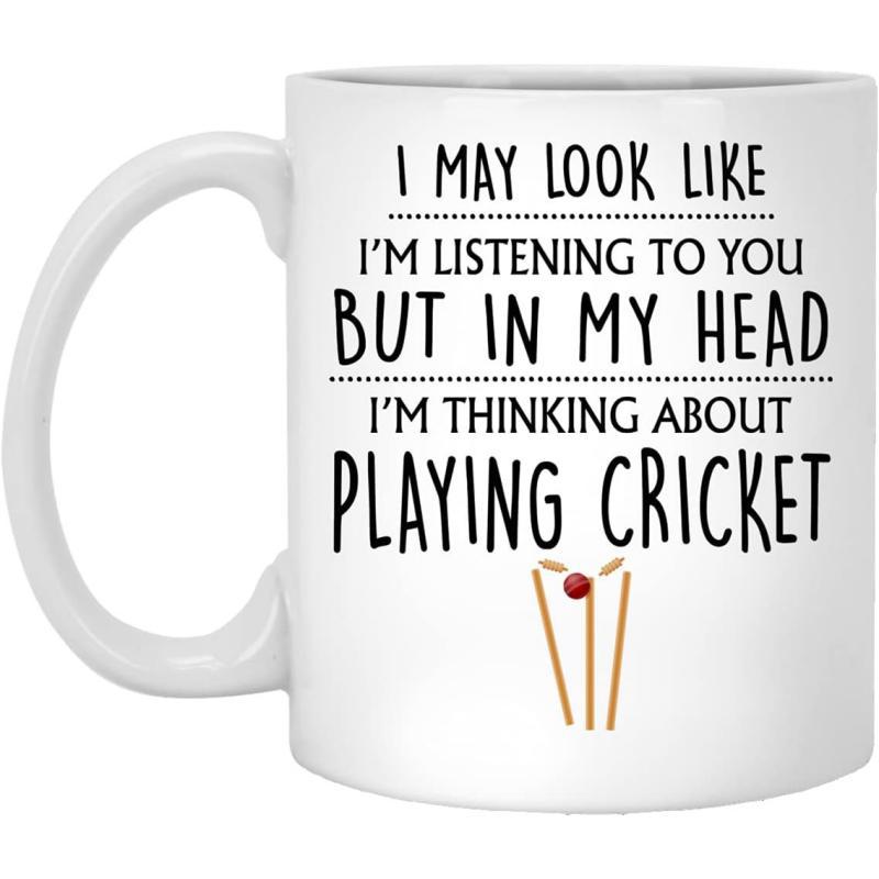 Tailorly White Ceramic 11 oz Mug - I May Look Like Im Listening To You But In My Head Im Thinking About Playing Cricket Classic Wooden Wicket Set With A Vibrant