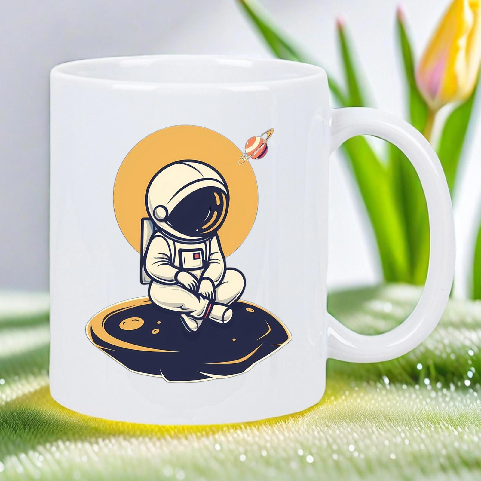 Tailorly White Ceramic 11 oz Mug - Serene Outer Space Scene Featuring A Cute Figure Sitting On Asteroid Astronaut