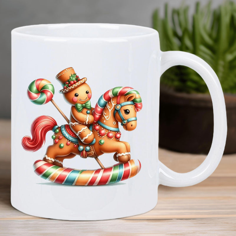 Tailorly White Ceramic 11 oz Mug - Charming Festive Character Riding A Sweet Candy Cane Rocking Horse Gingerbread Man