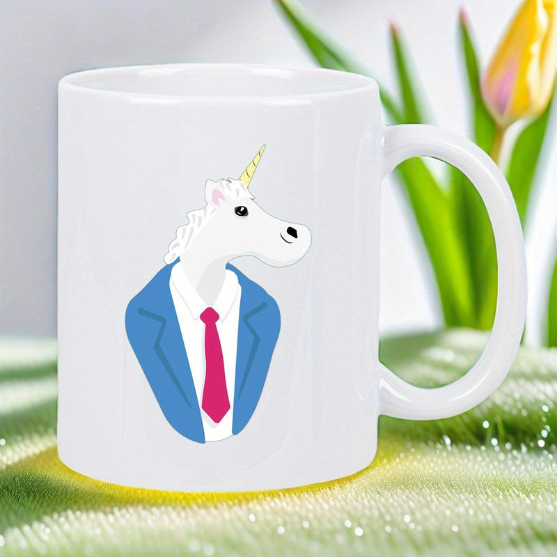 Tailorly White Ceramic 11 oz Mug - Professional Mythical Creature Wearing Blue Suit And Pink Tie Dressed Unicorn