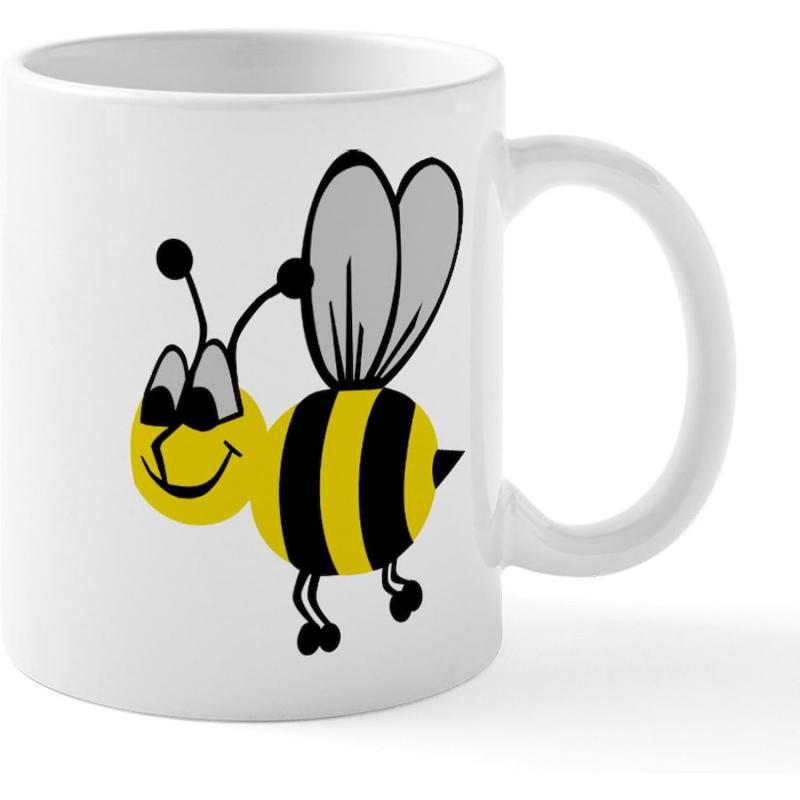 Tailorly White Ceramic 11 oz Mug - Playful Cartoon Smiling Yellow Insect With Tiny Wings Flying Through Air Bee