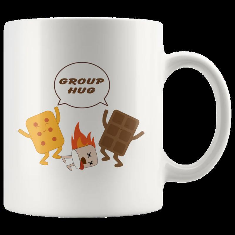 Tailorly White Ceramic 11 oz Mug - Group Hug Burning Marshmallow With Dancing Cracker And Chocolate Pieces Smores