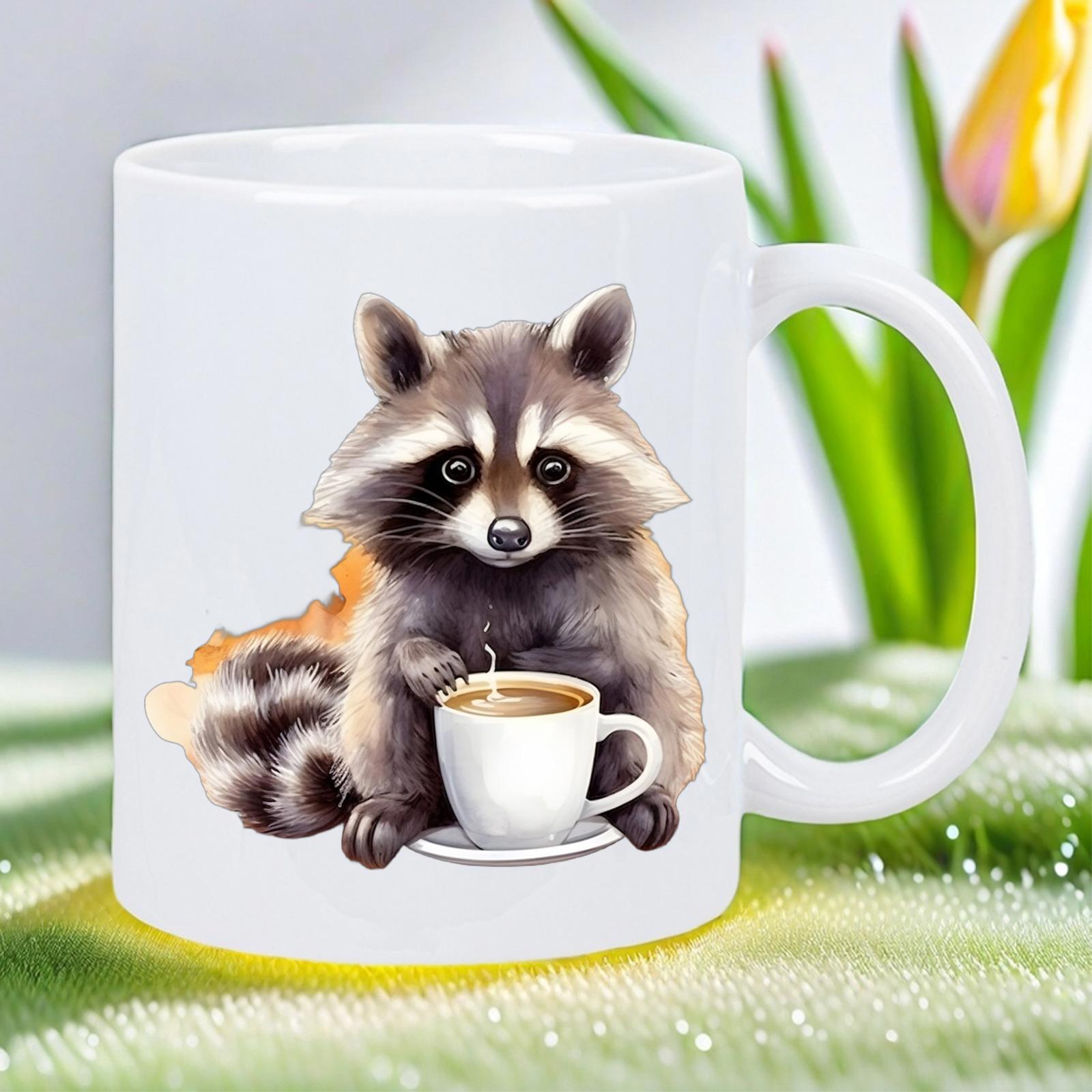 Tailorly White Ceramic 11 oz Mug - Charming Forest Creature Sitting Comfortably While Holding A Hot Steaming Morning Coffee Raccoon