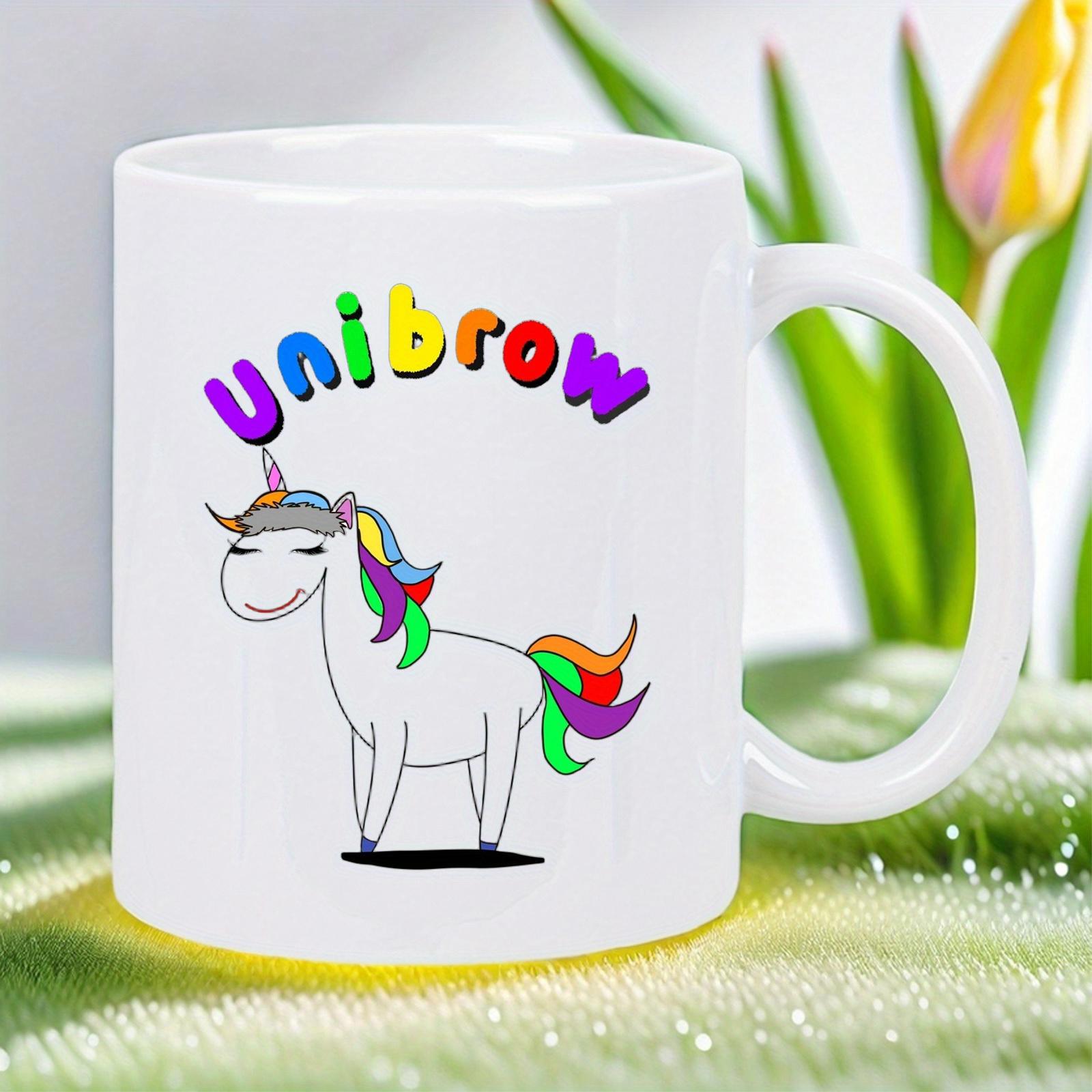Tailorly White Ceramic 11 oz Mug - Unibrow Whimsical Cartoon Character With Colorful Rainbow Mane And Tail Unicorn