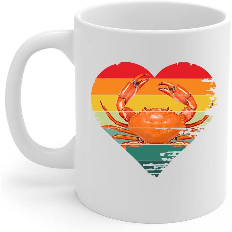 Tailorly White Ceramic 11 oz Mug - Retro Vintage Sunset Heart Background Featuring A Detailed Realistic Orange Sea Crab