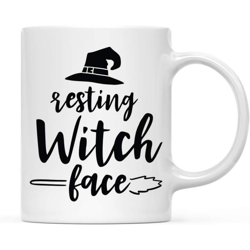 Tailorly White Ceramic 11 oz Mug - Resting Witch Face Classic Pointed Hat And Flying Broomstick Among Whimsical Spooky Halloween Elements Mug