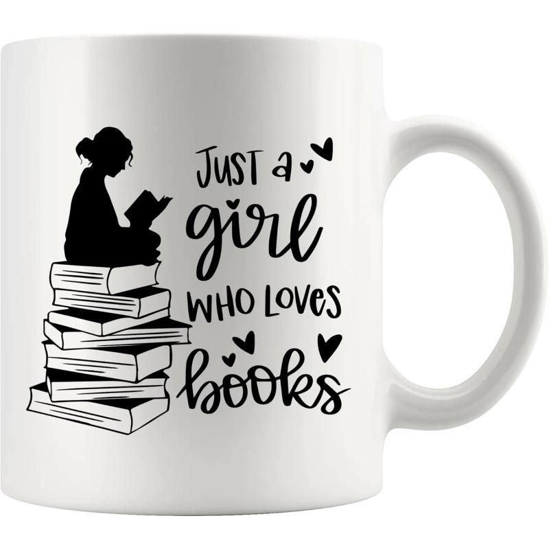 Tailorly White Ceramic 11 oz Mug - Just A Girl Who Loves Books Graceful Silhouette Sitting Atop A Stack Of Wisdom Girl
