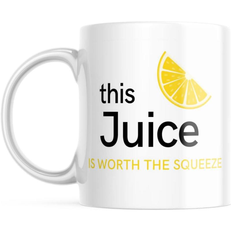 Tailorly White Ceramic 11 oz Mug - This Juice Is Worth The Squeeze Vibrant Yellow Citrus Wedge Paired With Artistic Modern Text Style Lemon