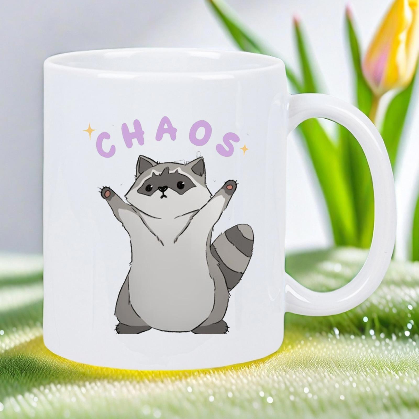 Tailorly White Ceramic 11 oz Mug - Chaos Cute Cartoon Animal Standing With Arms Raised To Create Mischief Raccoon