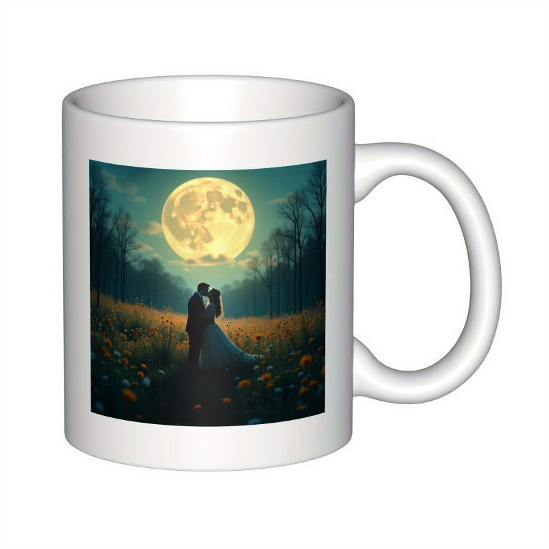 Tailorly White Ceramic 11 oz Mug - Romantic Silhouette Couple Kissing Under Glowing Full Moon Night Field Landscape