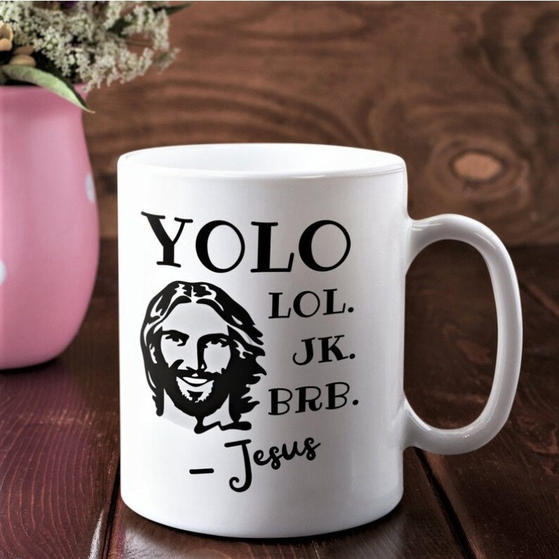 Tailorly White Ceramic 11 oz Mug - YOLO LOL JK BRB Jesus Smiling Traditional Figure With Flowing Hair And Beard In Black Ink Portrait