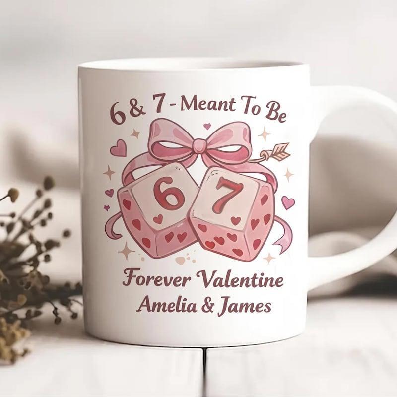 Tailorly White Ceramic 11 oz Mug - Meant To Be Forever Valentine Amelia James Pink Heart Patterned Romantic Ornaments Linked Together By A Silk Ribbon Dice