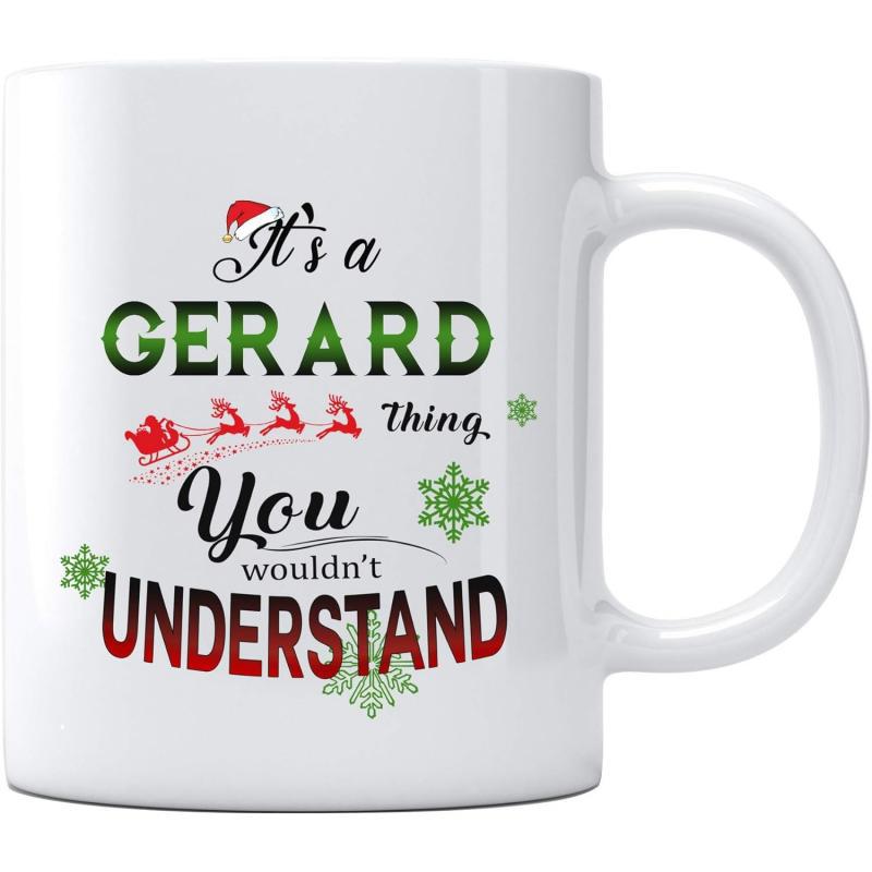 Tailorly White Ceramic 11 oz Mug - Its A Gerard Thing You Wouldnt Understand Festive Holiday Patterns Featuring Flying Reindeer Among Green Snowflakes Sleigh