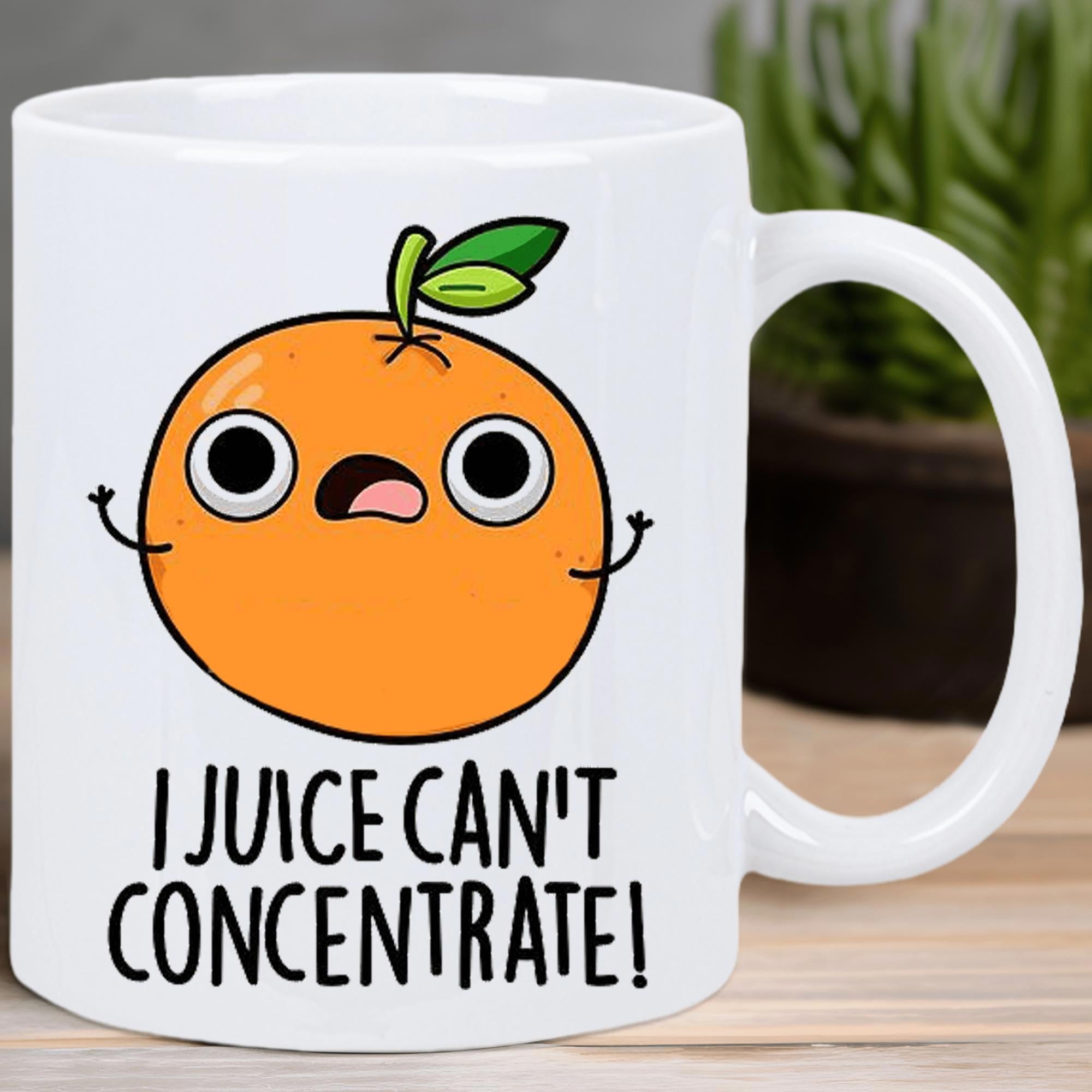 Tailorly White Ceramic 11 oz Mug - I Juice Can't Concentrate Vibrant Cartoon Character With Tiny Arms And Surprised Facial Expression Orange