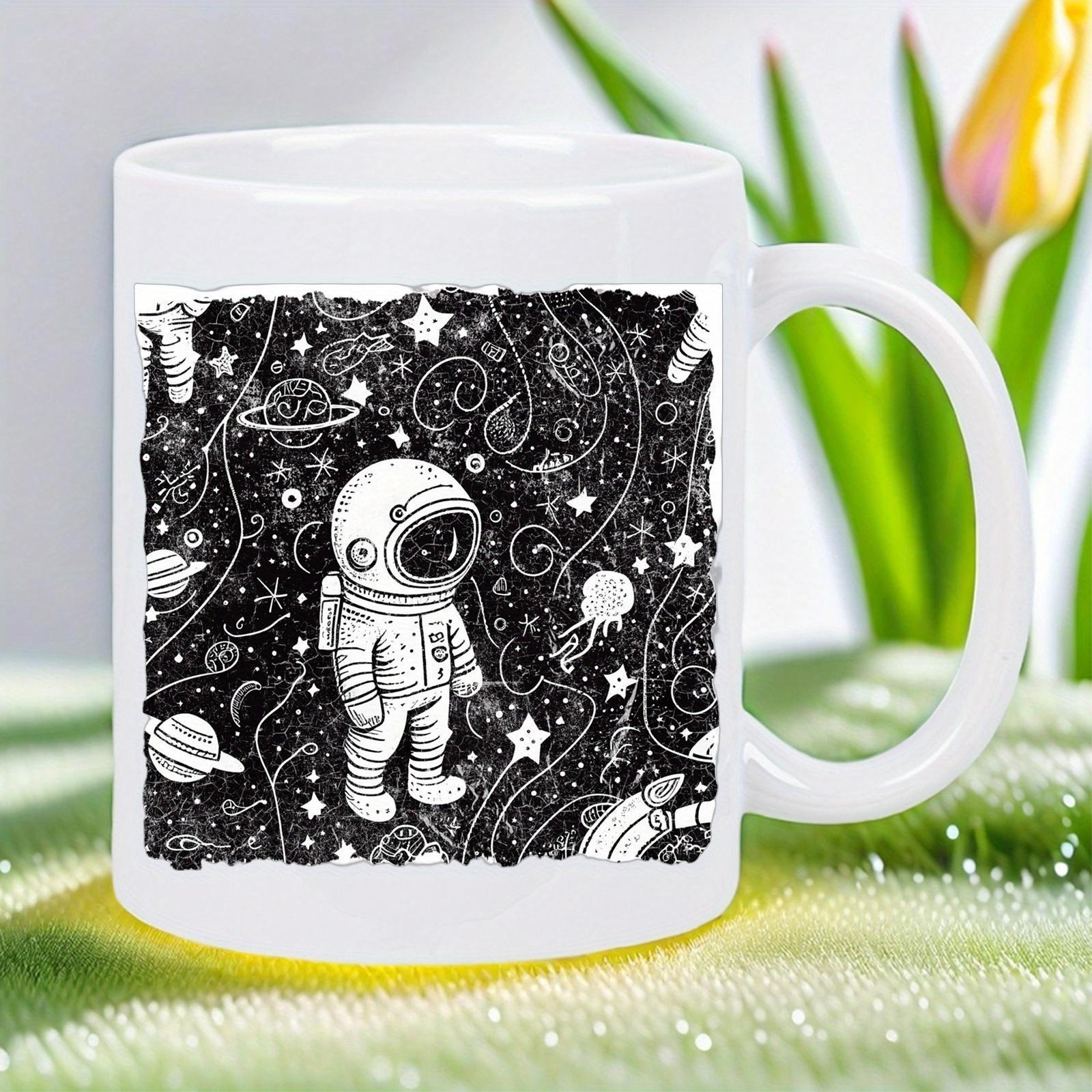 Tailorly White Ceramic 11 oz Mug - Hand Drawn Galaxy Scene With Stars And Planets Surrounding Space Explorer Astronaut