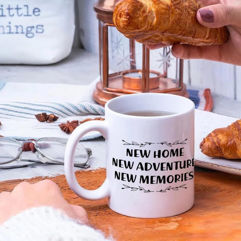 Tailorly White Ceramic 11 oz Mug - New Home New Adventure New Memories Minimalist Decorative Floral Accents On A Glossy Mug