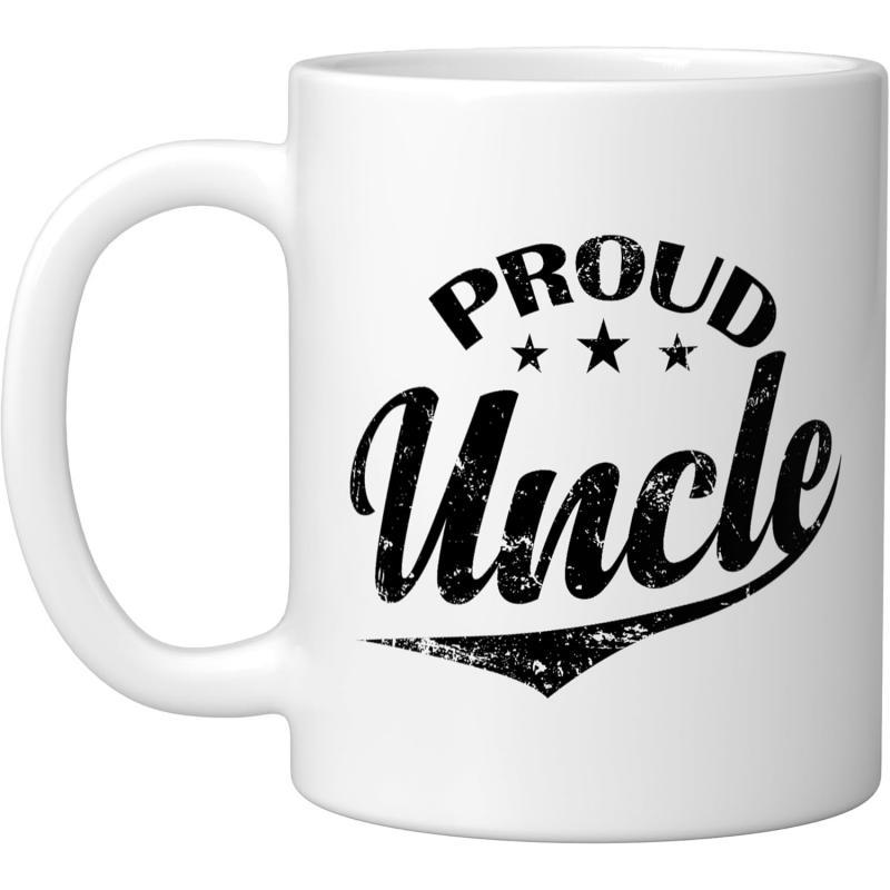 Tailorly White Ceramic 11 oz Mug - Proud Uncle Distressed Athletic Style Script With Three Pointed Star