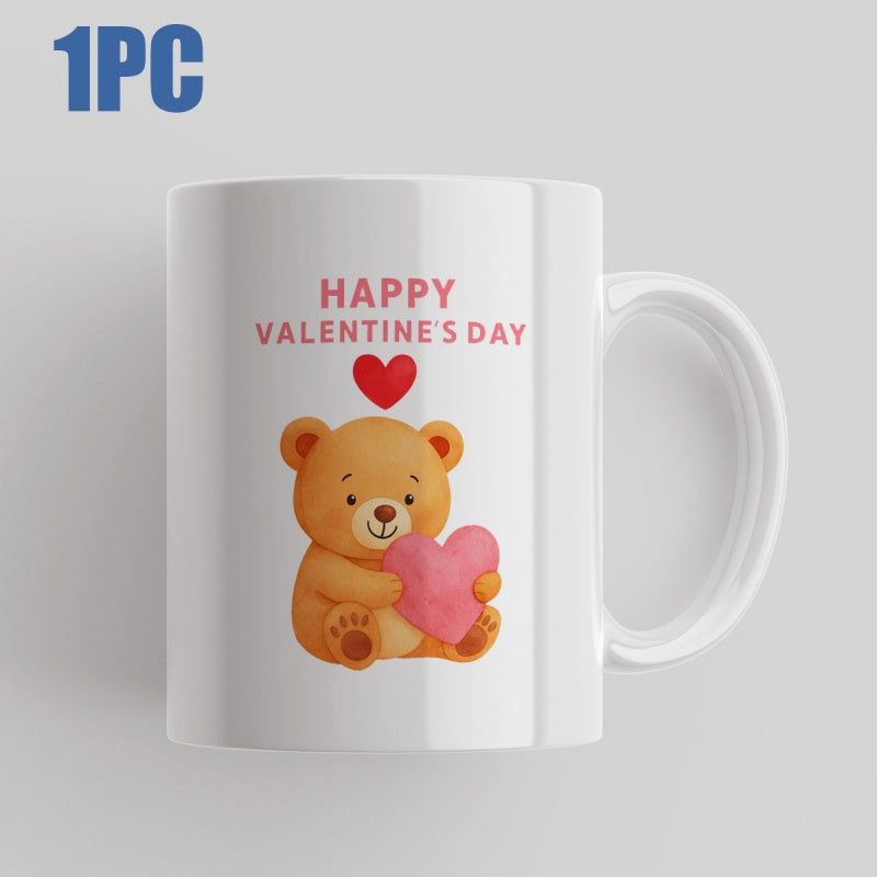 Tailorly White Ceramic 11 oz Mug - Happy Valentine's Day Adorable Brown Cartoon Figure Holding A Pink Fluffy Heart Bear