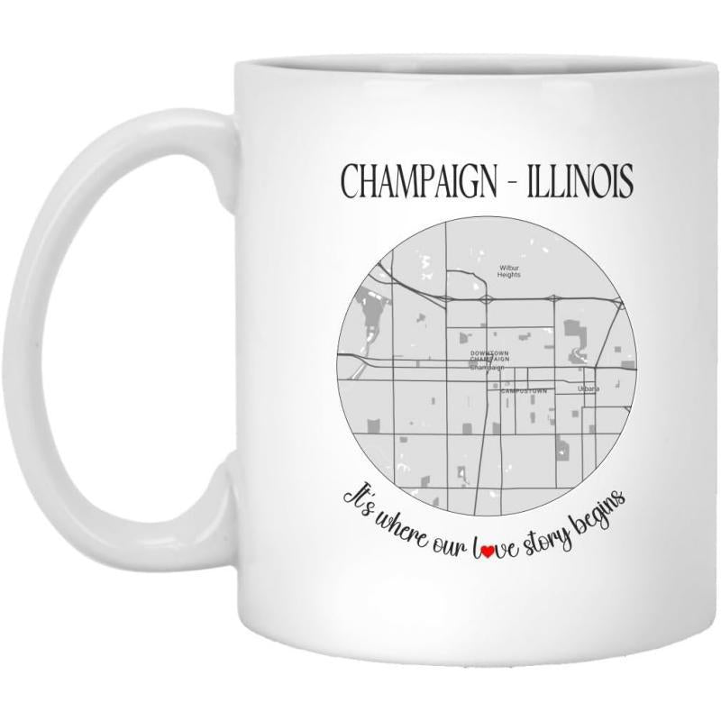 Tailorly White Ceramic 11 oz Mug - Champaign Illinois Its Where Our Love Story Begins Minimalist Circular Street Grid Pattern Displaying Local Geographic Roads