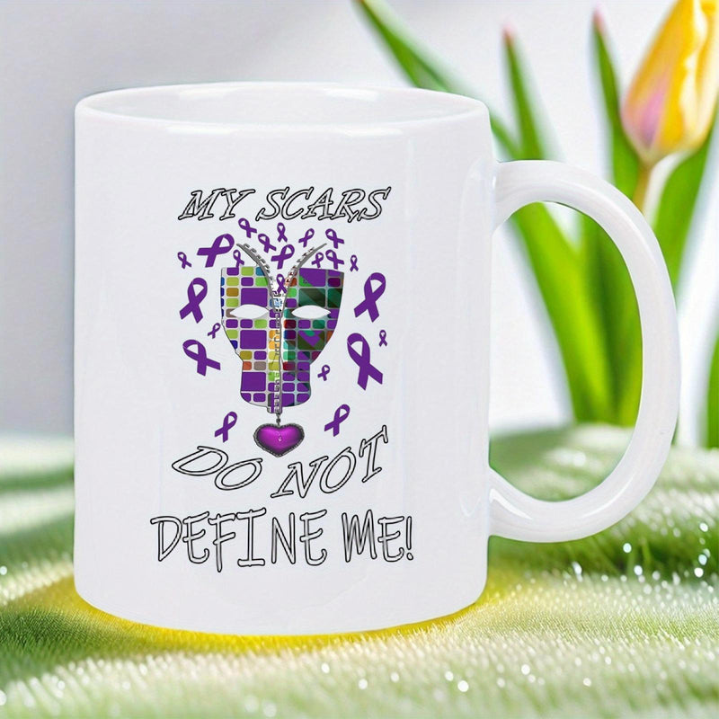 Tailorly White Ceramic 11 oz Mug - My Scars Do Not Define Me Purple Awareness Ribbons Surrounding A Colorful Mosaic Face Pattern