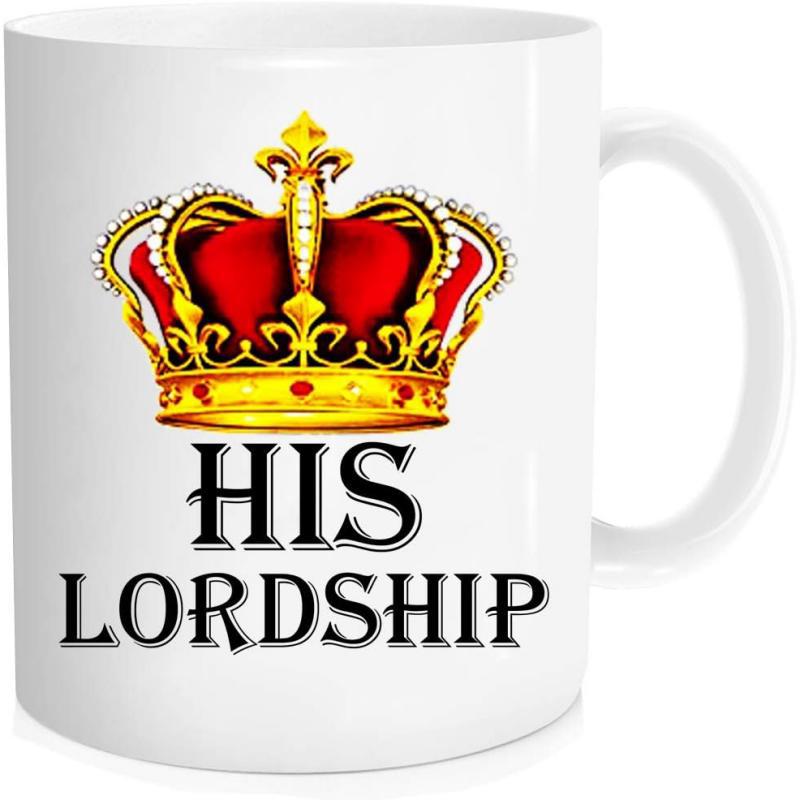 Tailorly White Ceramic 11 oz Mug - His Lordship Ornate Golden Royal Crown With Red Velvet Interior And Decorative Jewels Crown