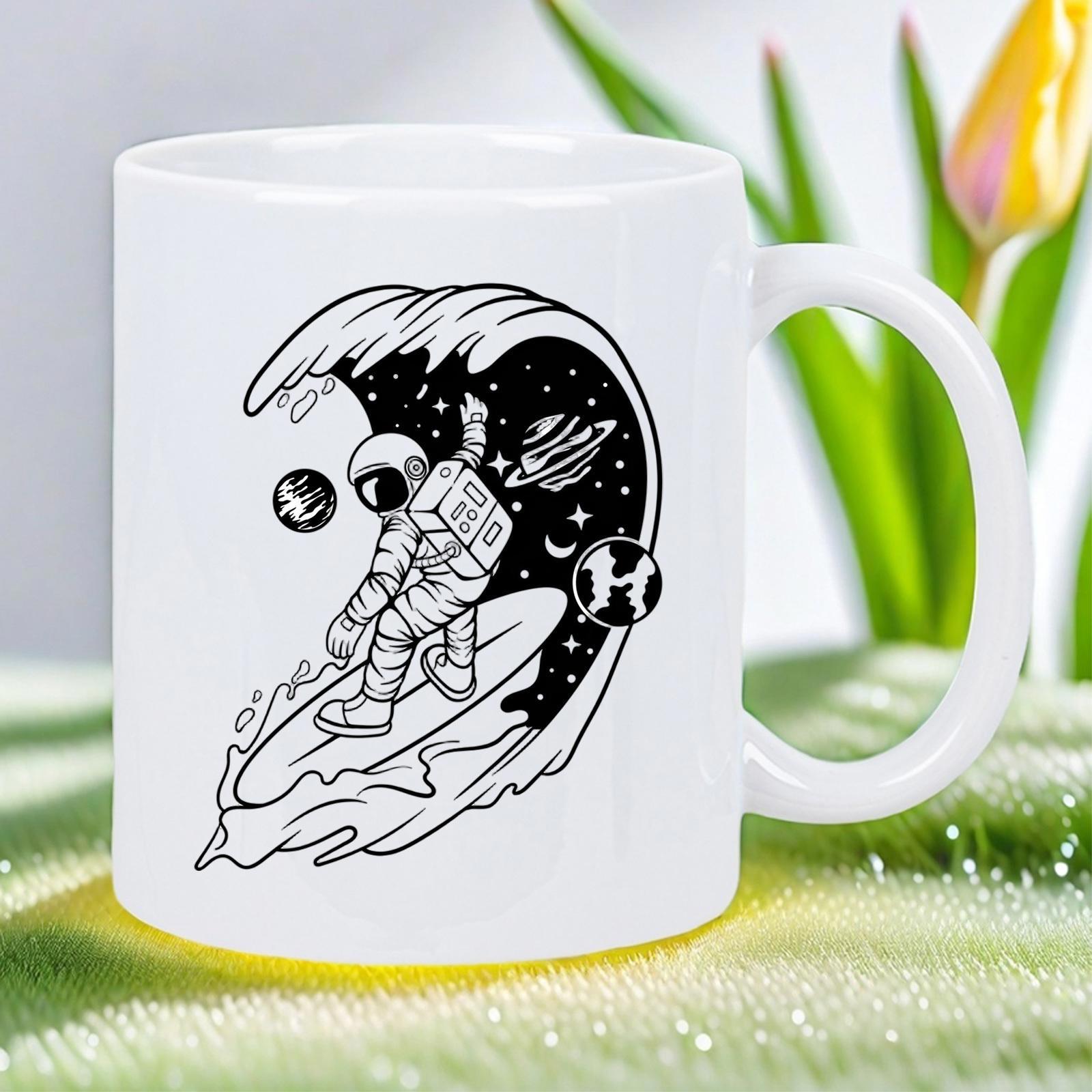 Tailorly White Ceramic 11 oz Mug - Surfing On Stylized Space Wave With Stars And Planets Galactic Cosmic Astronaut