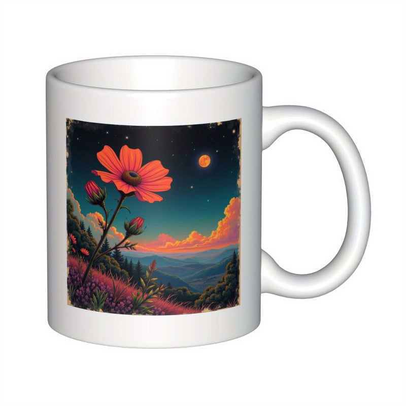Tailorly White Ceramic 11 oz Mug - Vibrant Pink Petals Blooming Under A Starry Twilight Mountain Landscape Flower