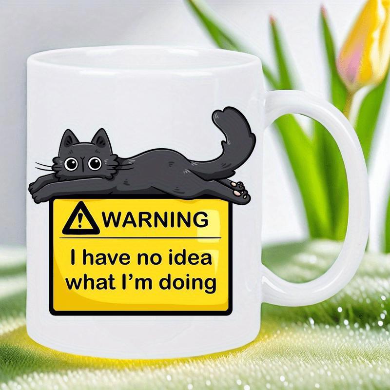 Tailorly White Ceramic 11 oz Mug - Warning I Have No Idea What I'm Doing Cute Black Cat Resting Comfortably Above Bright Yellow Caution Sign Cat