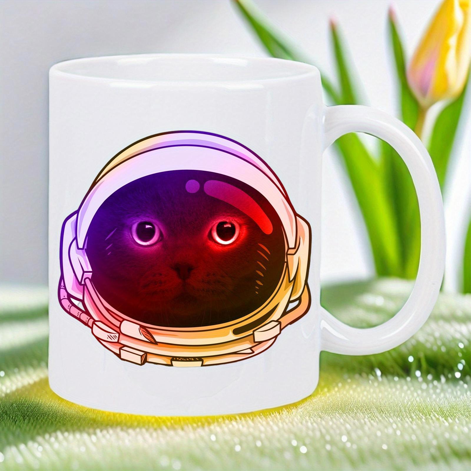 Tailorly White Ceramic 11 oz Mug - Vibrant Cosmic Space Helmet Featuring A Black Cat Exploring The Galaxy Cat