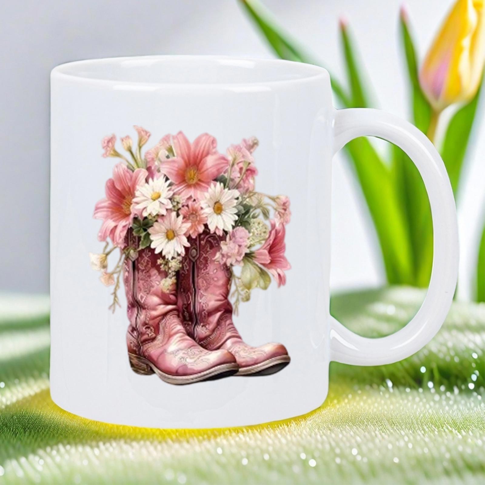 Tailorly White Ceramic 11 oz Mug - Vintage Pink Wildflowers Blooming Inside Of Ornate Weathered Western Boots