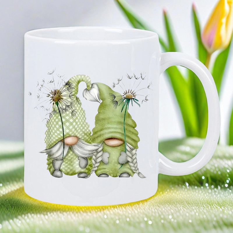 Tailorly White Ceramic 11 oz Mug - Two Green Gnomes Holding Dandelions In A Soft Artistic Style Garden Gnome