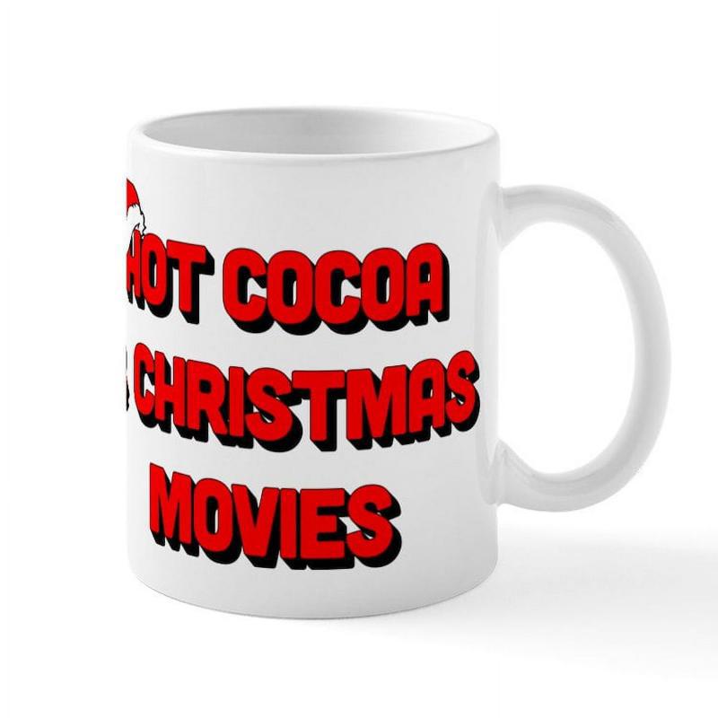 Tailorly White Ceramic 11 oz Mug - Hot Cocoa Christmas Movies Festive Red Three Dimensional Block Lettering With A Small Santa Hat Mug