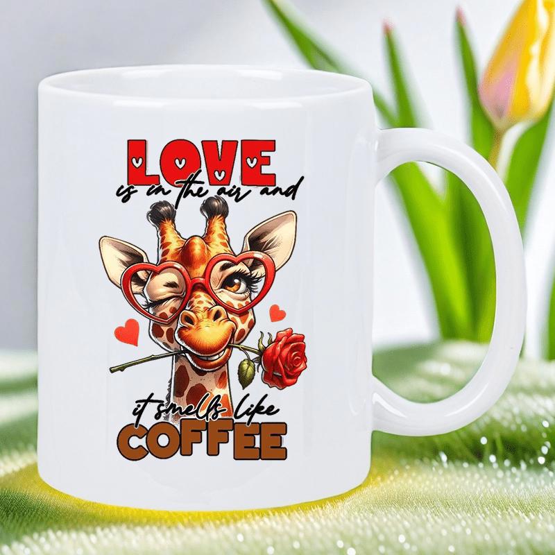 Tailorly White Ceramic 11 oz Mug - Love Is In The Air And It Smells Like Coffee Cutesy Cartoon Wearing Heart Shaped Glasses Holding A Red Rose Giraffe