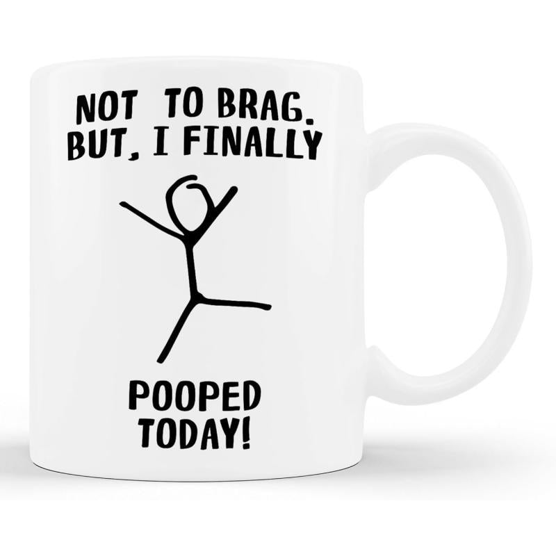 Tailorly White Ceramic 11 oz Mug - Not To Brag But I Finally Pooped Today Simple Minimalist Black Stick Figure Jumping Joyfully On