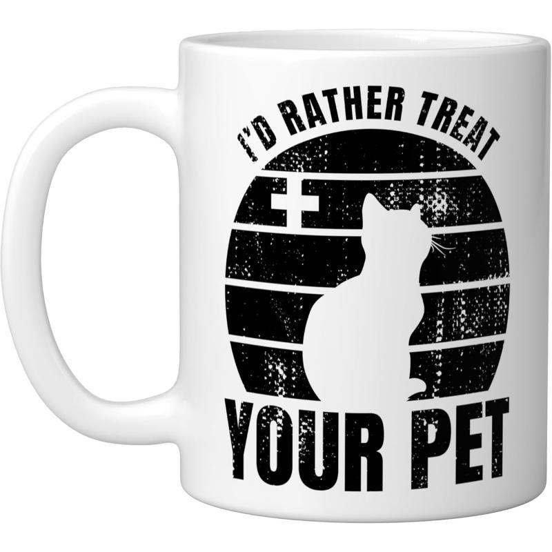 Tailorly White Ceramic 11 oz Mug - Id Rather Treat Your Pet Distressed Circular Frame With Medical Cross And Simple Sitting Cat