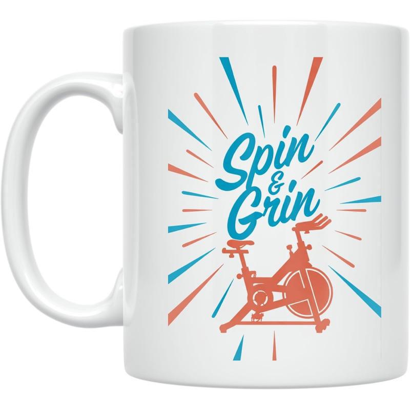 Tailorly White Ceramic 11 oz Mug - Spin Grin Radiating Sunburst Lines Behind A Silhouette Of An Indoor Exercise Bike