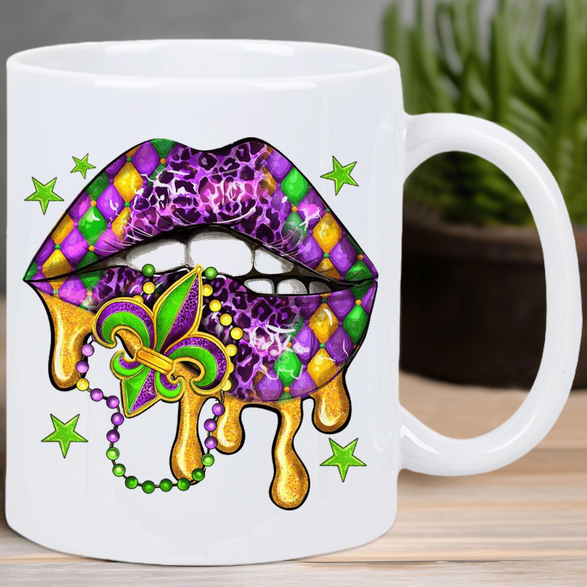 Tailorly White Ceramic 11 oz Mug - Colorful Purple Green And Gold Dripping With Fleur De Lis Beads Lips