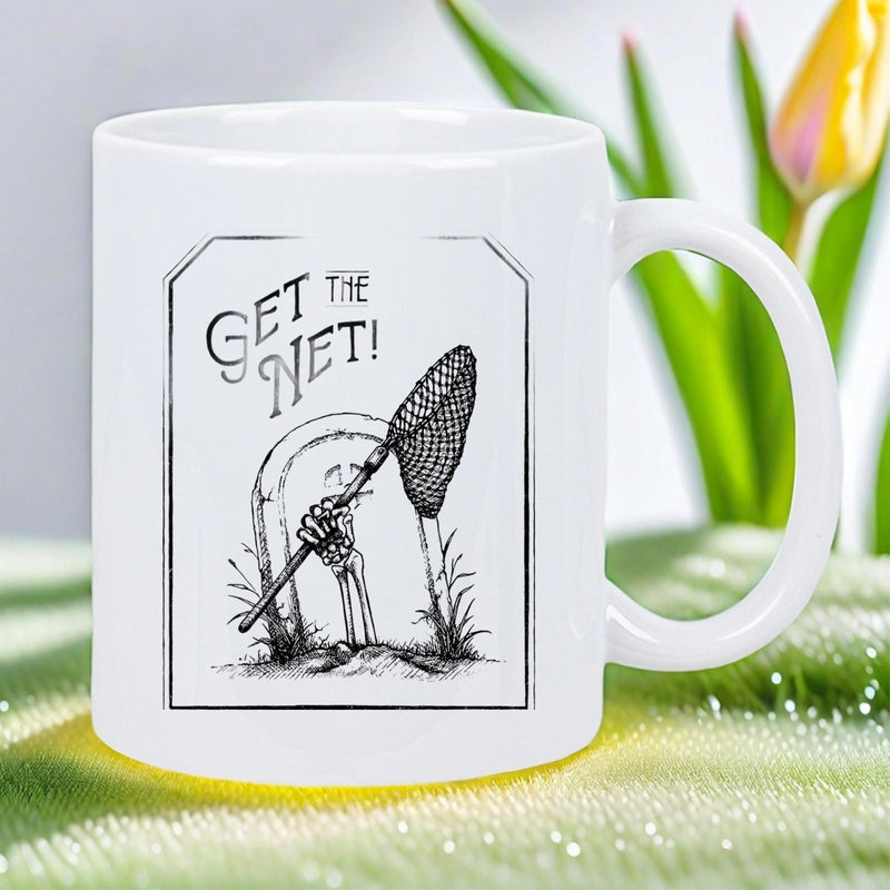 Tailorly White Ceramic 11 oz Mug - Get The Net Bony Hand Reaching From The Soil Holding A Mesh Skeleton
