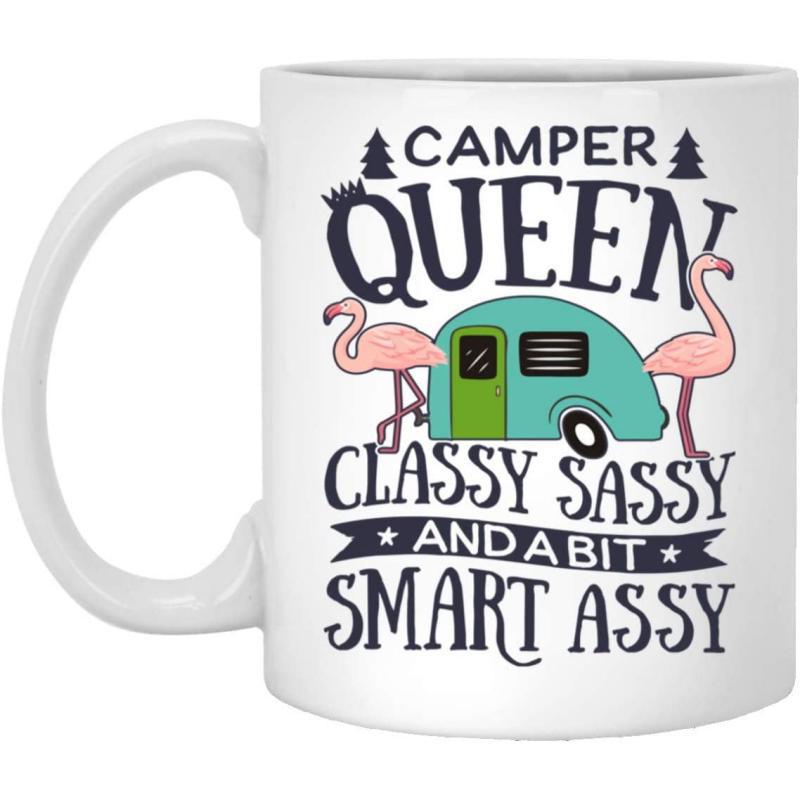 Tailorly White Ceramic 11 oz Mug - Camper Queen Classy Sassy And A Bit Smart Assy Vintage Turquoise Vehicle Surrounded By Tall Pine Trees And Flamingos Trailer