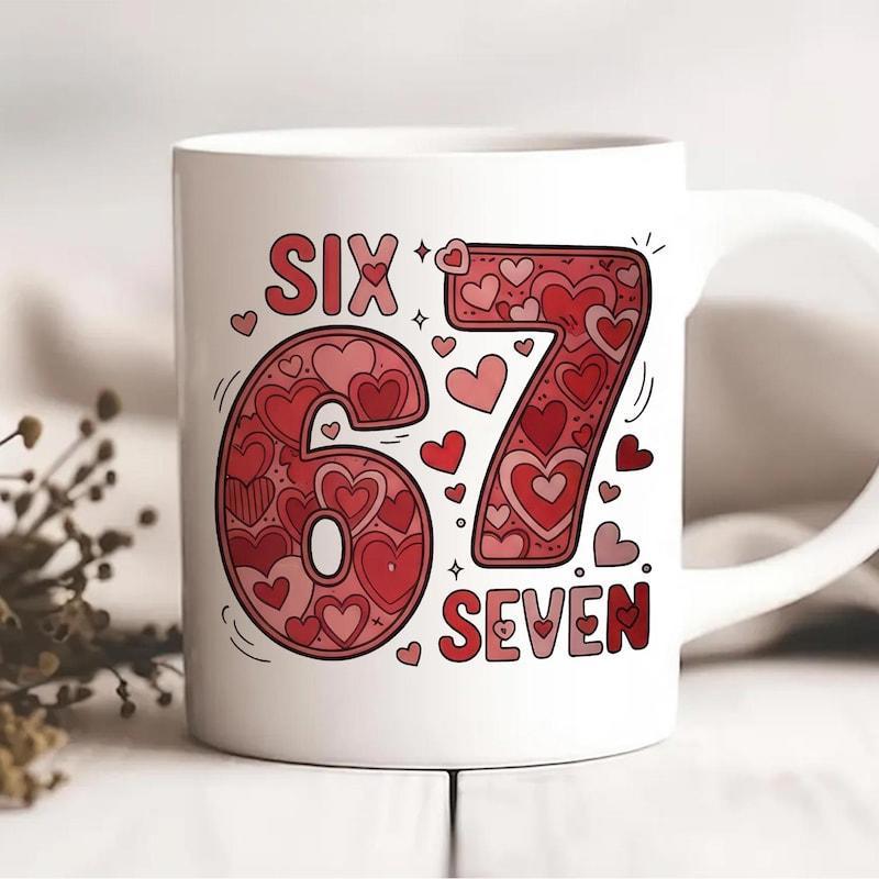 Tailorly White Ceramic 11 oz Mug - Six Seven Red And Pink Hearts Filled Artistic Retro Numbers With Small Heart Accents Numbers